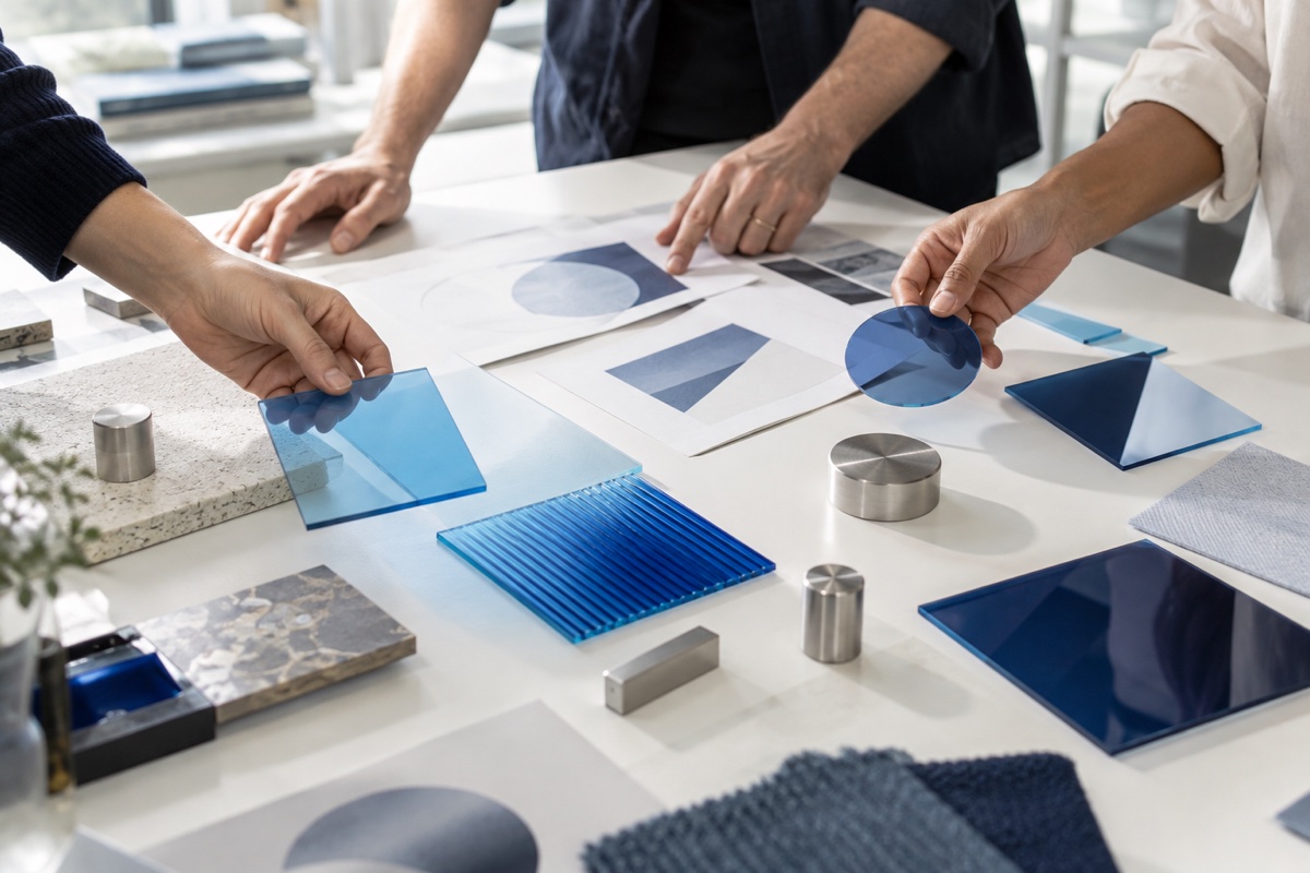 Hands collaborating with blue material samples and abstract product prototypes