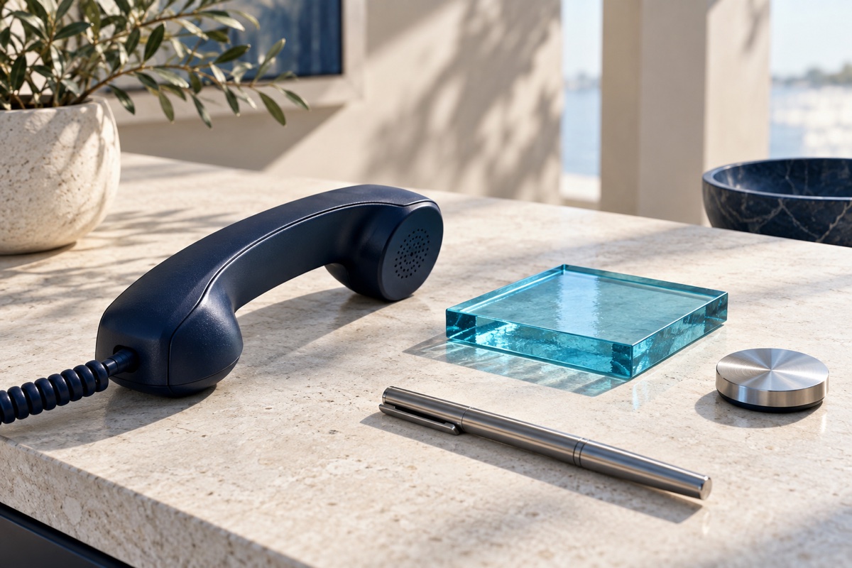 Phone handset, note card and pen arranged for a business conversation