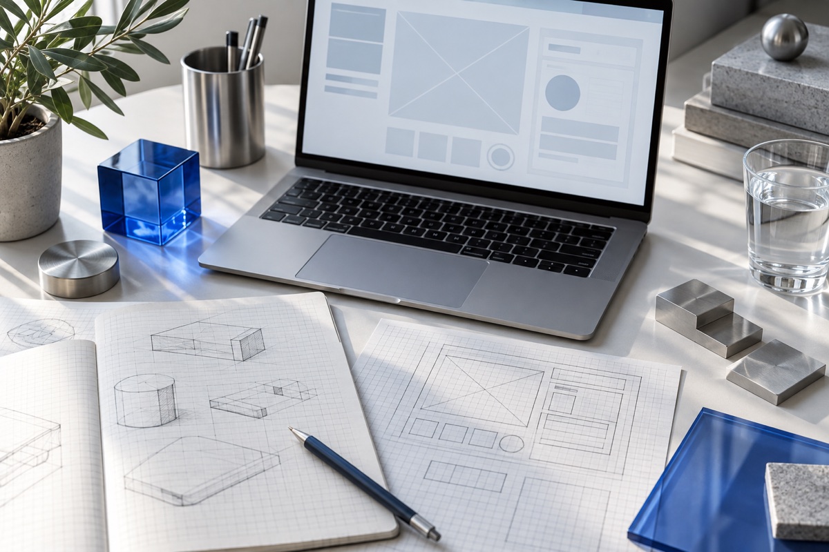 Konzeptioneller Software-Design-Arbeitsplatz mit Laptop und Skizzen